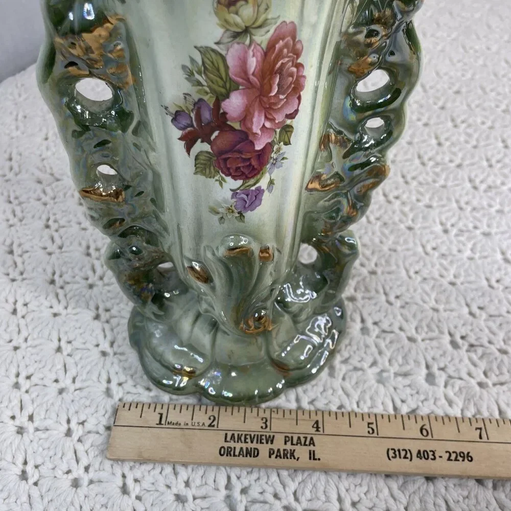 Vintage Hand Painted Lusterware Vase Pottery Made In Taiwan Floral Gold Accents